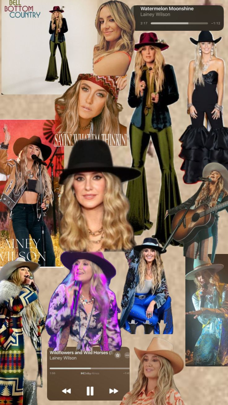 the collage shows many different styles of clothing and accessories, including hats, clothes, pants