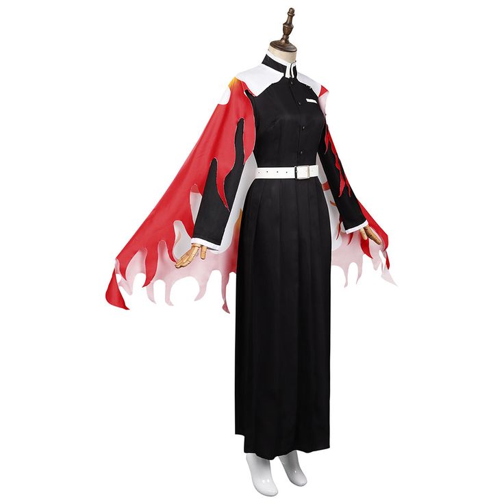 a black and red dress with white trims on the shoulders, long sleeves and cuffs