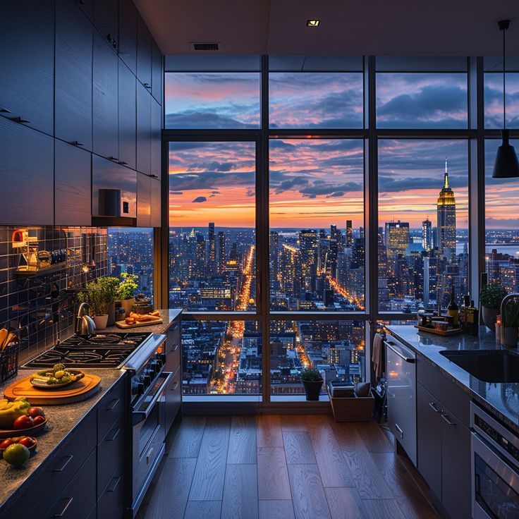 a kitchen with a view of the city at night