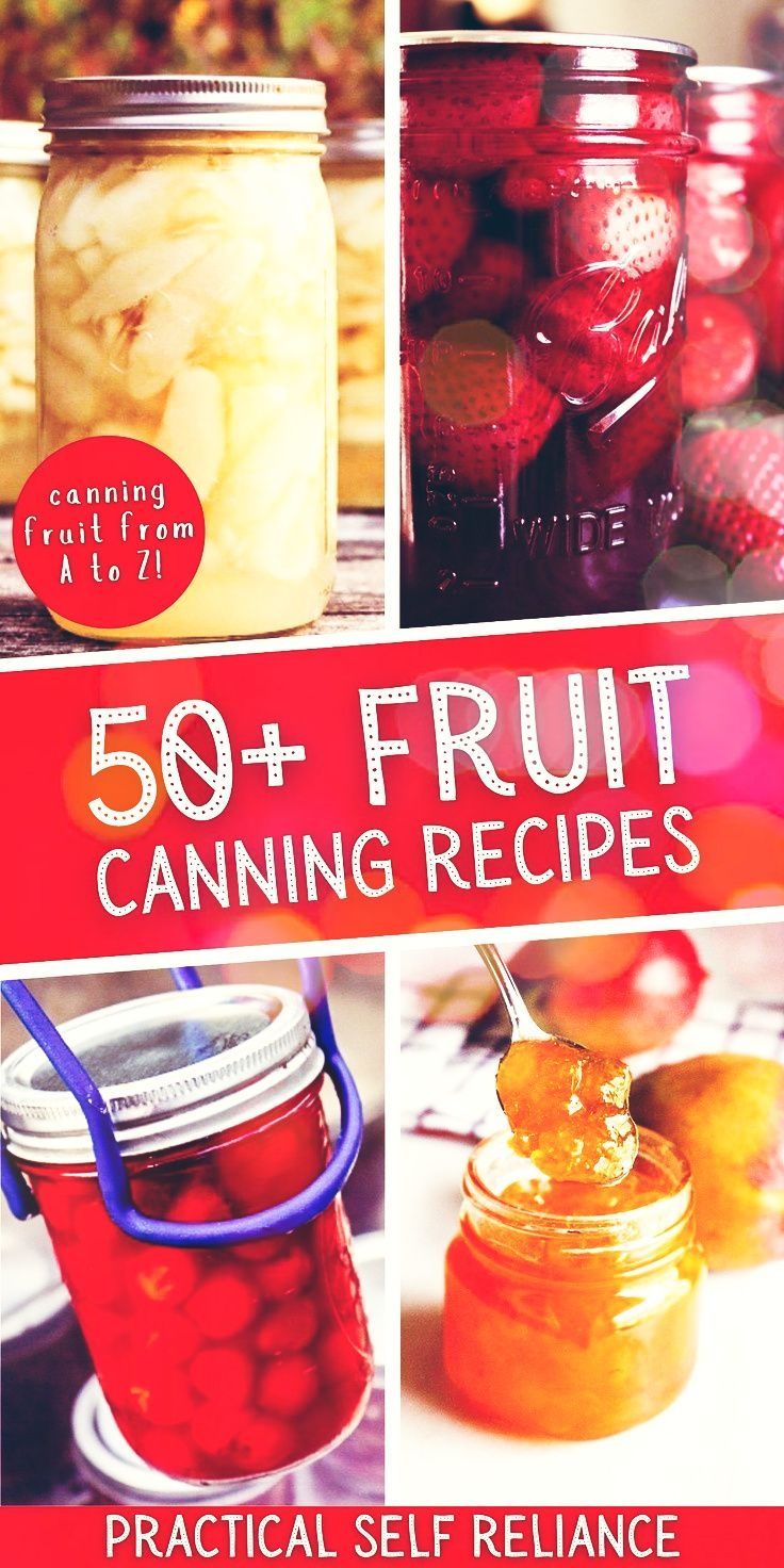 the cover of 50 + fruit canning recipes by practical self reliancer, with pictures of jars filled with fruits and vegetables