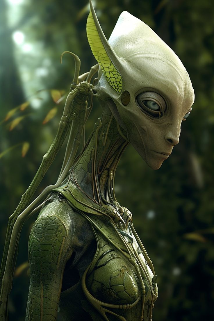 an alien woman is standing in front of some plants and trees with her head turned to the side