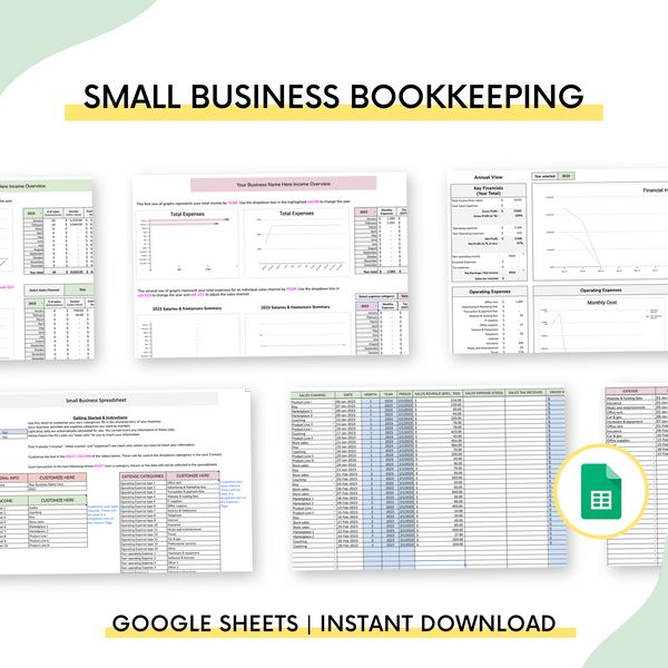 small business booksheets for google sheets and instant printables, with the title'small business bookkeeping '