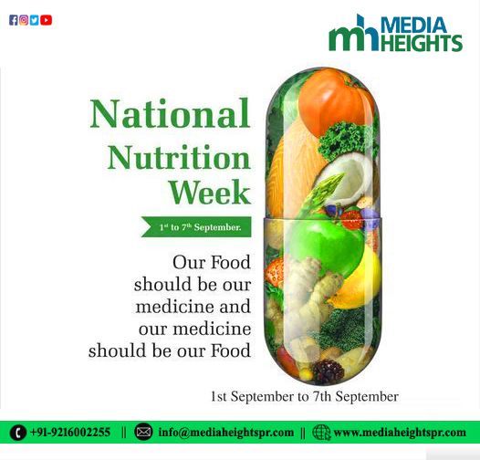 an advertisement for the national nutrition week with fruits and vegetables on it's side