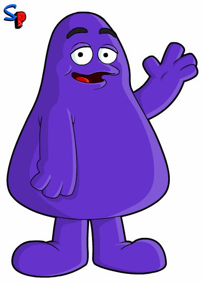 a purple cartoon character with one hand up and the other pointing at something in front of him