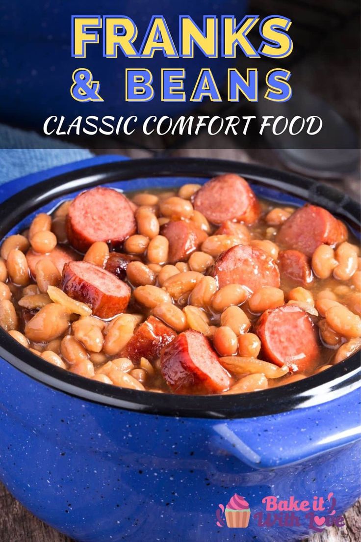 a blue bowl filled with beans and sausage