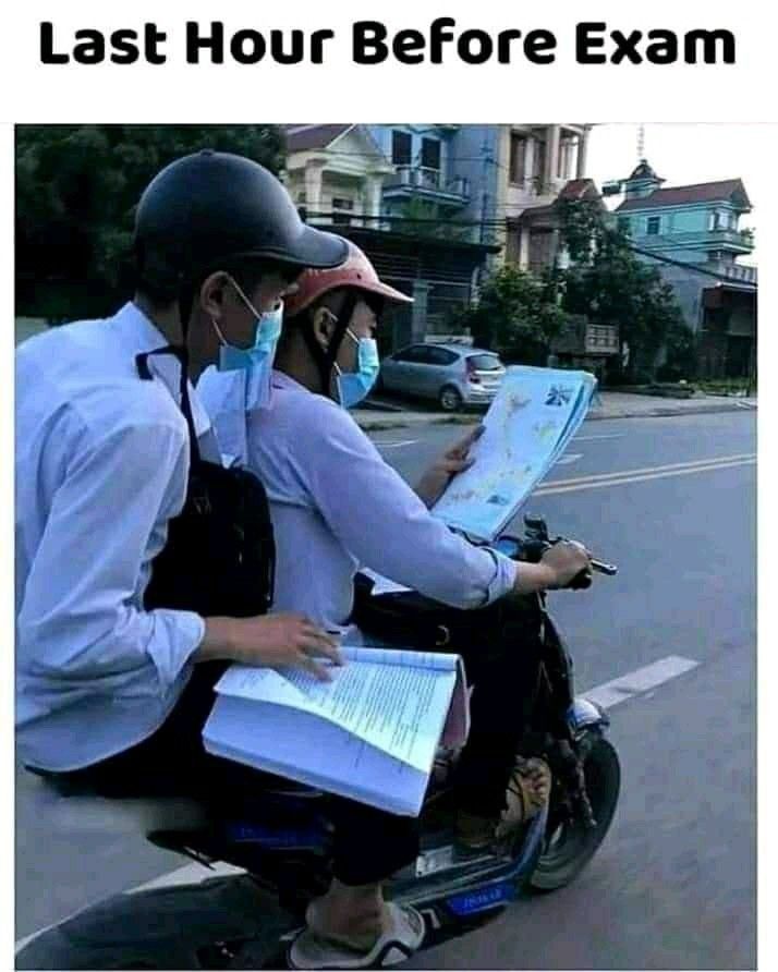 two people sitting on a scooter with books in their hands and the caption reads, last hour before exam