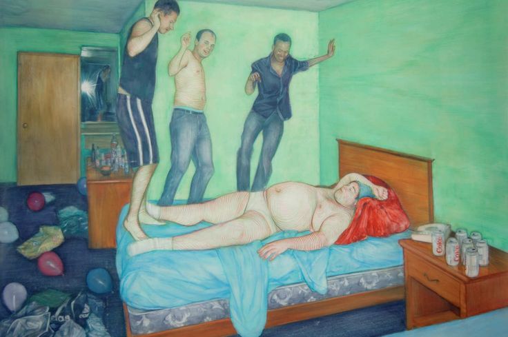 a painting of three men standing around a naked woman on a bed in a green room