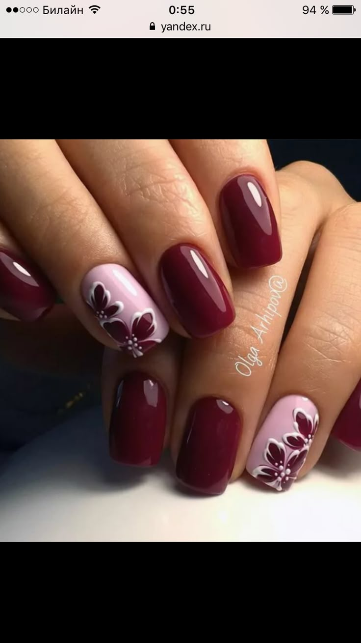 Rose Nail Art Tutorial Step By Step, Fall Floral Nail Designs, Nails For Older Women Over 50 Nailart, Ambre Nails, Maroon Nail Designs, Burgundy Acrylic Nails, Plum Nails, Wine Nails, Maroon Nails