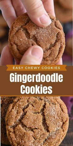 a person holding up a cookie with the words easy chewy cookies in front of it