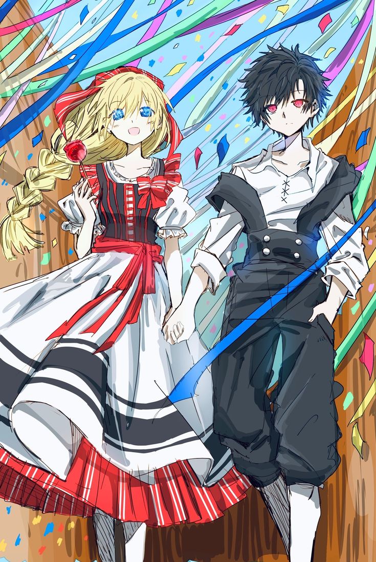 two anime characters standing next to each other with colorful streamers in the air behind them