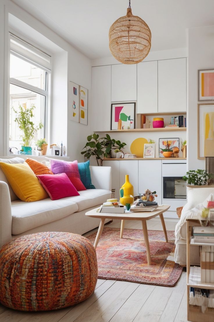 a living room filled with furniture and colorful pillows