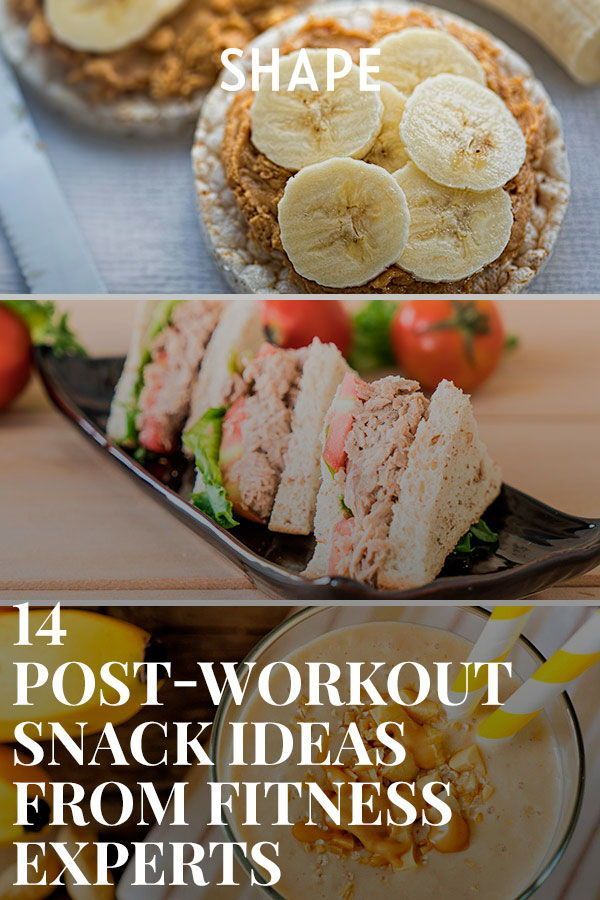 the four images show different types of food on plates and in bowls, with text overlay that reads 4 post - workout snack ideas from fitness experts