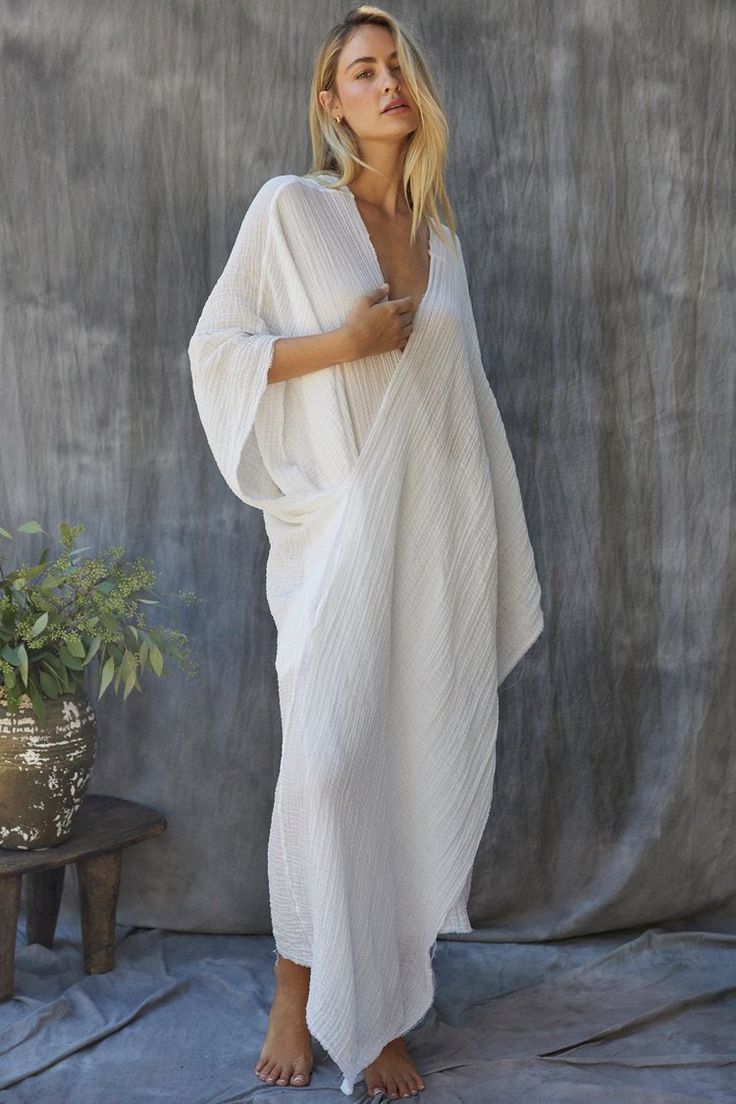 9SEED | QUITANA WRAP AROUND CAFTAN | WHITE White V-neck Kaftan For Spring, White V-neck Kimono For Vacation, Chic White Kaftan For Beach Cover-up, White V-neck Kimono For Daywear, White Maxi Kaftan For Loungewear, White Maxi-length Kaftan For Loungewear, White Maxi Length Kaftan For Loungewear, Chic White Tunic Kaftan, White Wrap Kimono For Loungewear