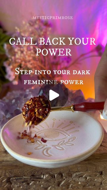 a person is spooning food on a plate with the words, call back your power step into your dark feminine power