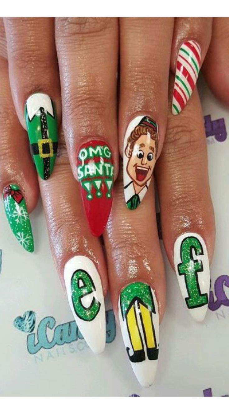 Christmas Film Nails, Buddy The Elf Nails Designs, Elf Movie Nails, Christmas Movie Nail Art, Quirky Christmas Nails, Funky Christmas Nails Acrylic, Elf Nails Christmas, Buddy The Elf Nails, Christmas Nails Characters