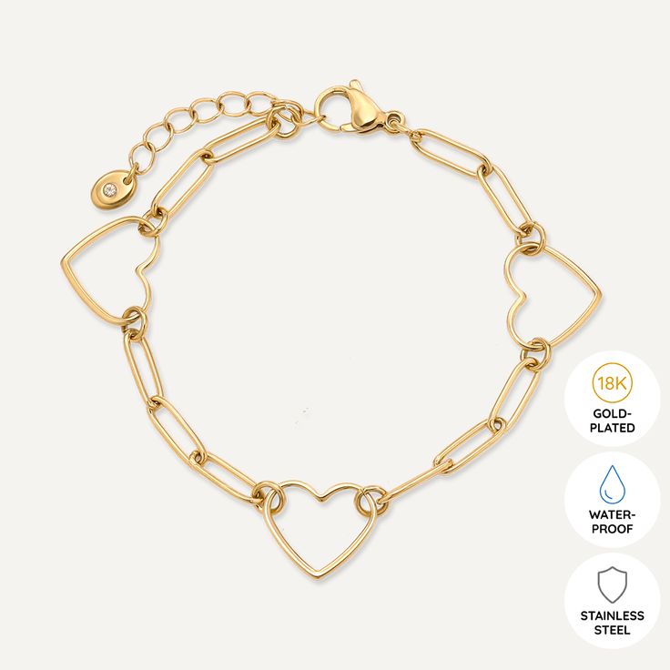 This charming piece features a series of open-heart charms connected by modern gold-plated links, creating a beautiful balance of romance and contemporary style. The delicate yet bold design makes this bracelet perfect for everyday wear or special occasions. Crafted with 18K gold-plated material, this bracelet is water-proof, tarnish-free, and hypoallergenic. The adjustable clasp ensures a secure and comfortable fit, making it an essential accessory for those who love to wear their heart on their sleeve. Product Code: DB2230K Collection: Vibes Type: Clasp Material: 18K Gold-Plated Stainless Steel Dimensions: Length 18-21cm Pendant Dimensions: Style: Heart, Modern Includes: Clasp Bracelet, Bracelet Clasps, Open Heart, Bold Design, Heart On, Goodie Bags, Mixed Metals, Water Proof, Earring Necklace