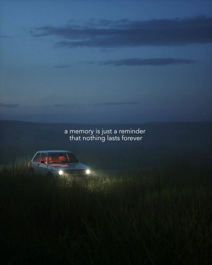 a car parked in the middle of a field at night with an inspirational quote above it