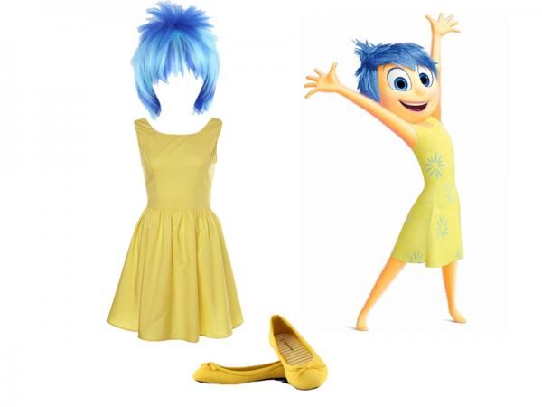 a doll with blue hair standing next to a yellow dress and slippers on a white background