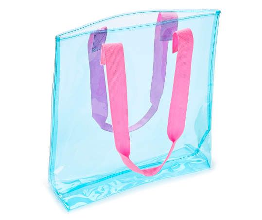 Trendy Beach Bag With Clear Strap, Trendy Beach Bags With Clear Strap, Blue Plastic Beach Bag, Blue Plastic Beach Bags, Blue Plastic Tote Bag, Casual Clear Beach Bag, Summer Travel Beach Bag Made Of Plastic, Summer School Bags Made Of Plastic, Summer School Plastic Bags