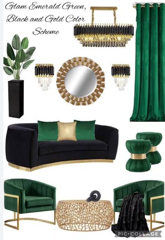 green and black living room with gold accents