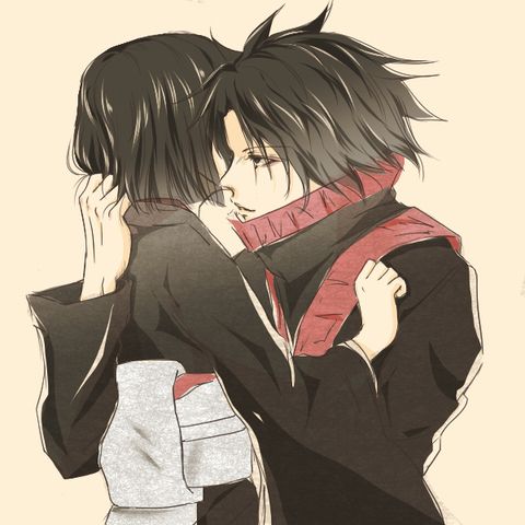 two people hugging each other in front of a beige background with black hair and red scarfs