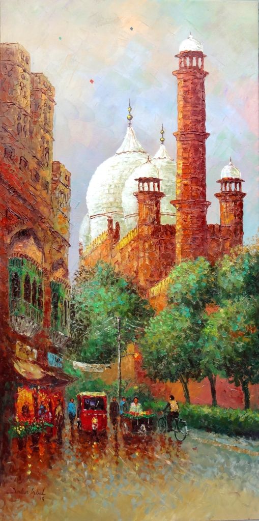 an oil painting of a city street with tall buildings