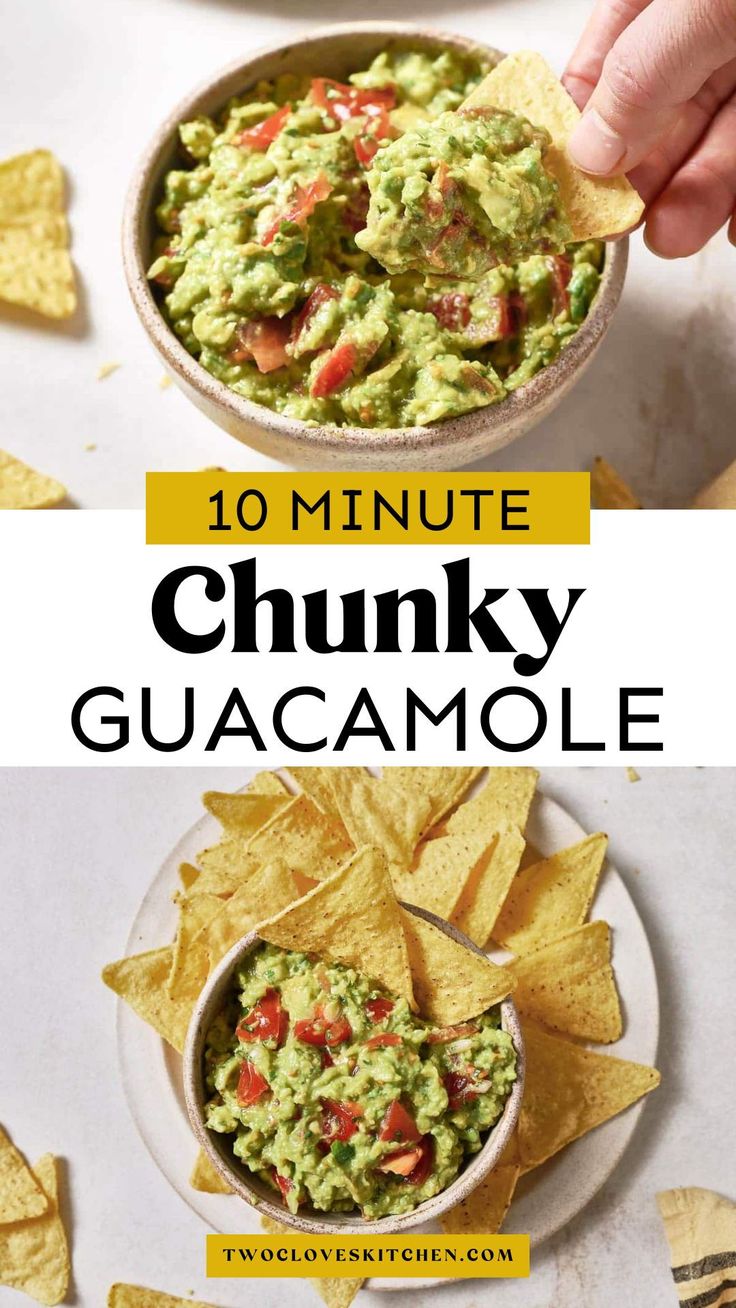 a bowl filled with guacamole next to tortilla chips