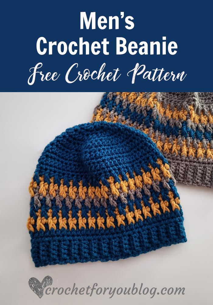 two crocheted beanies with the text men's crochet beanie free crochet pattern