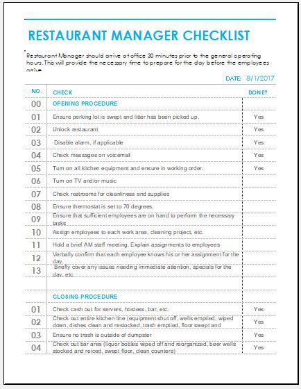 the restaurant manager checklist is shown in blue and white, with text on it