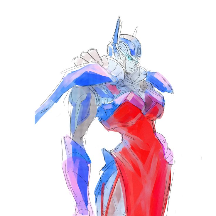 a drawing of a woman in red and blue with her arms out, standing on one leg