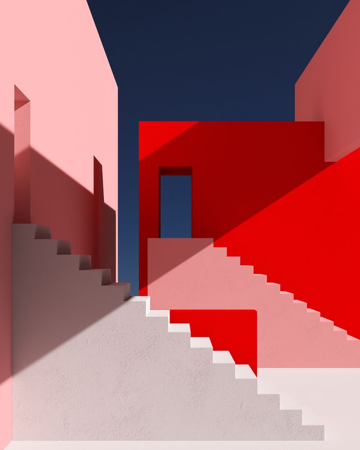 an abstract image of stairs leading up to a red building