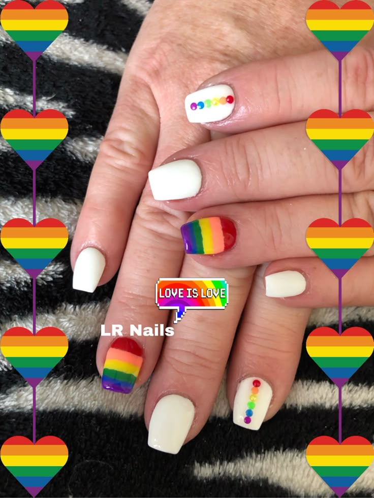 Pride Nails Diy, Pride Fingernails, Pride Month Nails Short, White Nails With Rainbow Designs, Pride Short Nails Designs, Pride Pedicure Ideas, Pride Toenails, Pride Month Nail Ideas, Gay Pride Nails Acrylic