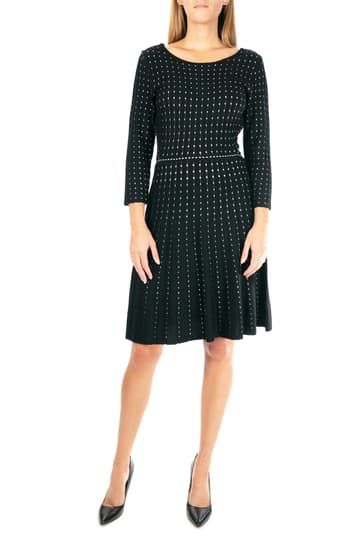 Nina Leonard | Dot Pattern Sweater Dress | Nordstrom Rack Black Pleated Dress For Fall, Stretch Pleated Skirt Dress For Fall, Fitted Polka Dot Dress For Winter, Casual Fitted Pleated Dress For Fall, Ribbed Knit Dress, Pattern Sweater, Dots Pattern, 50's Dress, Nordstrom Dresses