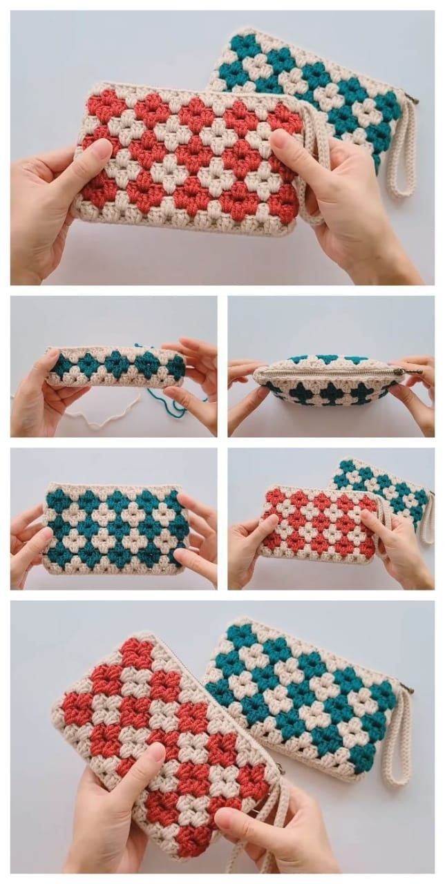 the crocheted purse is being made with red, white and blue yarns