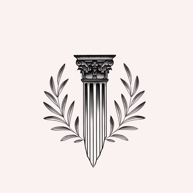 an illustration of a greek column with leaves around it