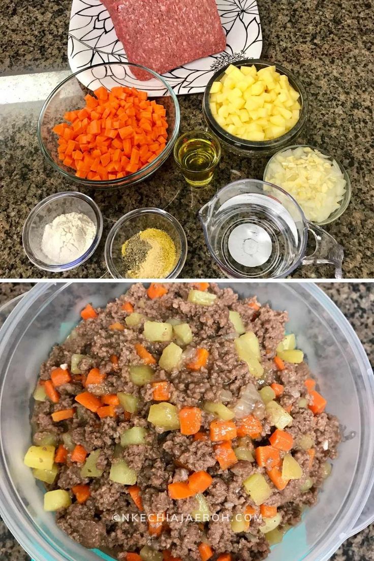 the ingredients for this meat and veggie casserole are shown in separate bowls