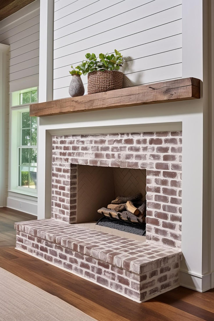 a brick fireplace with a potted plant on the mantle and wood flooring in front of it