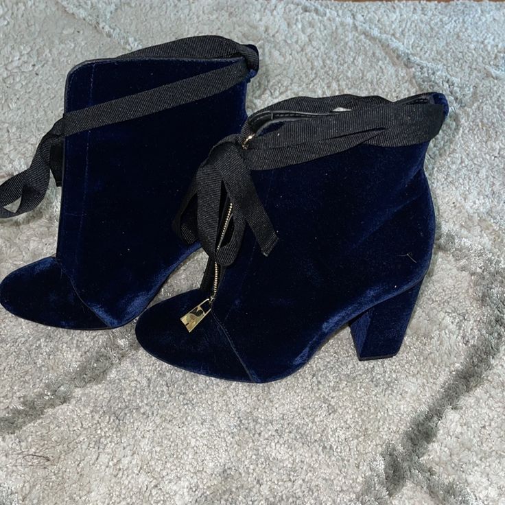 Blue Ankle Boots, Velvet, With Golden Front Closure And Black Bows. In Excellent Condition! Brand New Chic Blue Heeled Boots For Formal Events, Blue Heels For Evening In Winter, Blue Heels For Evening Winter Events, Blue Lace-up Formal Boots, Elegant Blue Heels For Winter, Blue Ankle Boot Heels For Party, Blue Boots With Stacked Heel For Fall, Chic Blue Ankle-high Heeled Boots, Blue Ankle Heeled Boots For Party