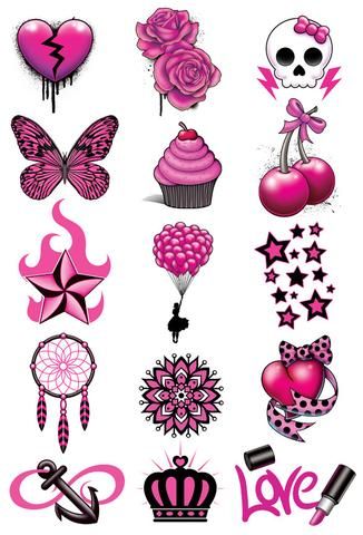 pink tattoos with hearts, roses and skulls on them are shown in this image from the website