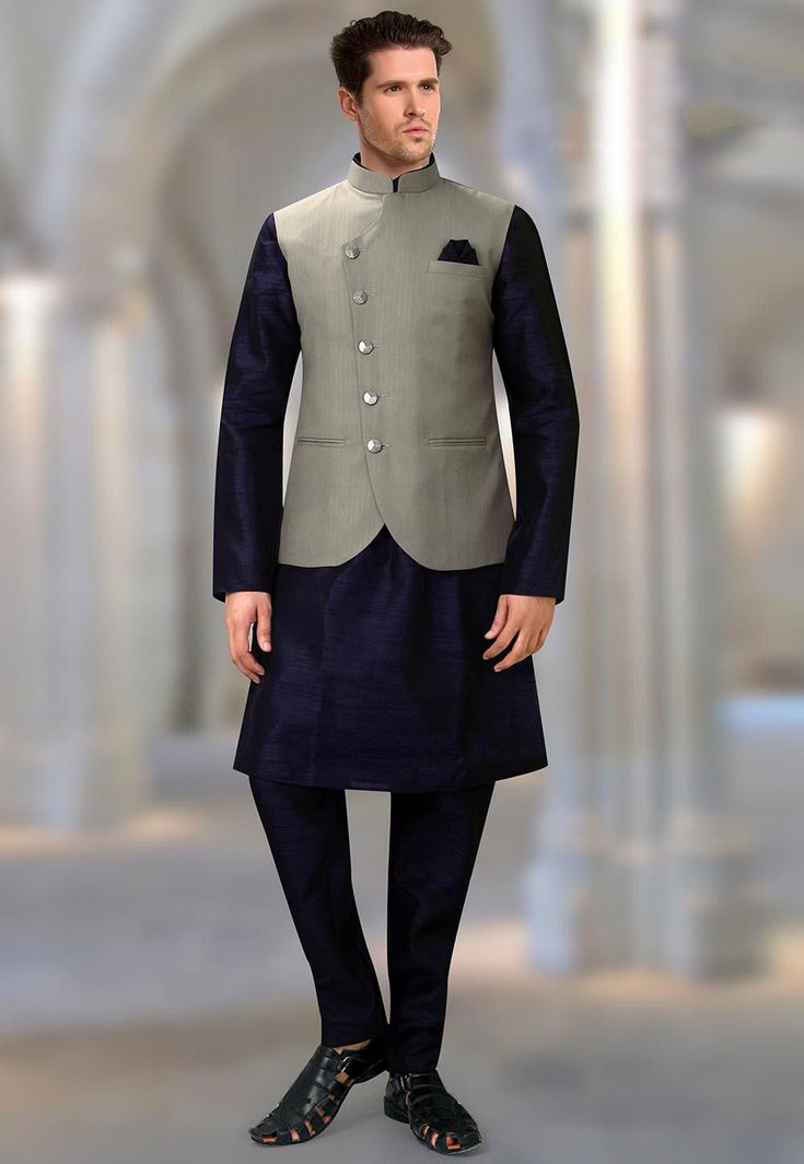 Note : This product does not include the kid's wear. If in case you want to order for kid please request through conversation or custom order. Set of 3 kurta pajama with Modi Jacket/ Nehru Jacket / Waist Coat. These Men's Kurta shirts can be customized as per your requirement and your measurement. Item details Handmade item Made to order Materials Top color: Blue Raw chanderi silk Bottom color: Blue Jacket color:Solid Gray Jacket Art Dupian, Raw silk,Imported Fabric, Art Dupion silk Jacket Botto Kurta Pajama Men Wedding, Vest For Men Wedding, Nehru Jacket For Men, Mens Indian Wear, Kurta Pajama Men, Jacket Art, Kurta For Men, Raw Silk Fabric, Grey Jacket