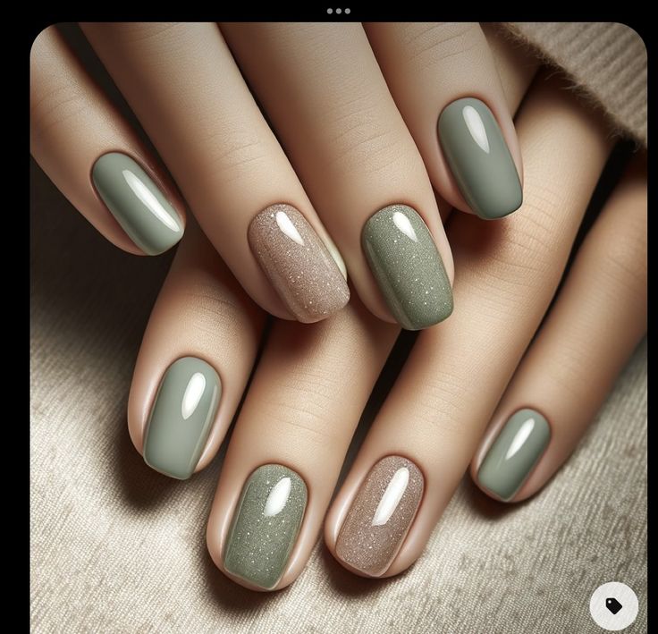 Chrome Olive Green Nails, Manicure Ideas 2024, Short Gel Nail Designs Classy Simple, Green And Beige Nails, Sage Green Nails Design, Green Color Nails, Nail Gel Ideas, Sage Green Nail Ideas, Nail Ideas Green