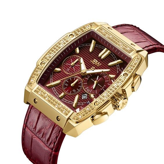 From the JBW Echelon collection, this men's chronograph watch features a tonneau red dial with 1/4 ct. t.w. diamond bezel, gold-toned hands, markers and crown, a date display at the four o'clock hour, and three chronograph sub-dials in a 41.0mm18K gold-plated stainless steel case. The reliable Japanese quartz movement ensures accurate time keeping. The croc-embossed red leather strap secures with a push-button deployment clasp. Water-resistant to 50 meters, this watch comes with a two-year limited manufacturer warranty. Diamond Red, Gold Diamond Watches, Red Watch, Mens Chronograph, Chronograph Watch Men, Mens Gold, Bezel Diamond, Diamond Watch, O Clock