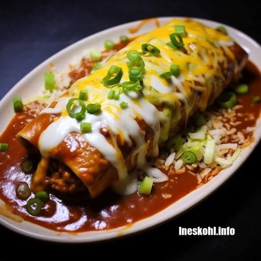 an enchilada is on a plate with rice, green onions and cheese