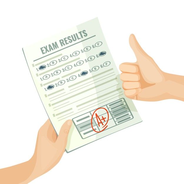 two hands holding up a paper with an exam results on it and the thumbs up