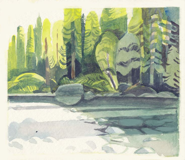 a watercolor painting of trees and rocks