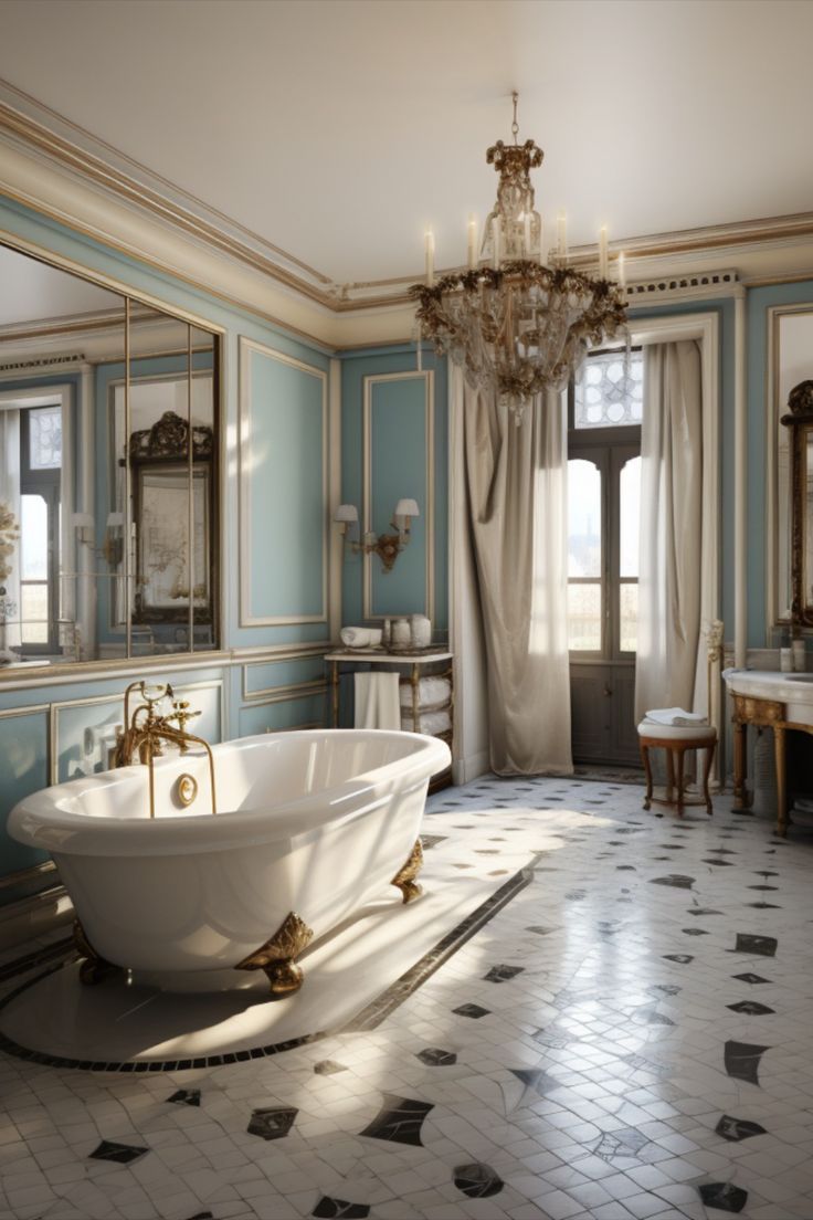 an old fashioned bathroom with blue walls and white fixtures, including a claw foot bathtub