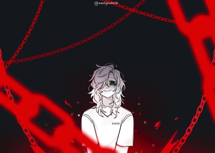 an anime character with white hair and green eyes standing in front of red chains on a black background