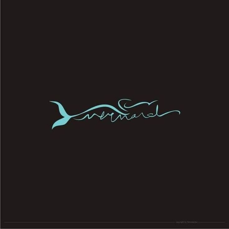 the word mermaid written in cursive writing on a black background with a seagull