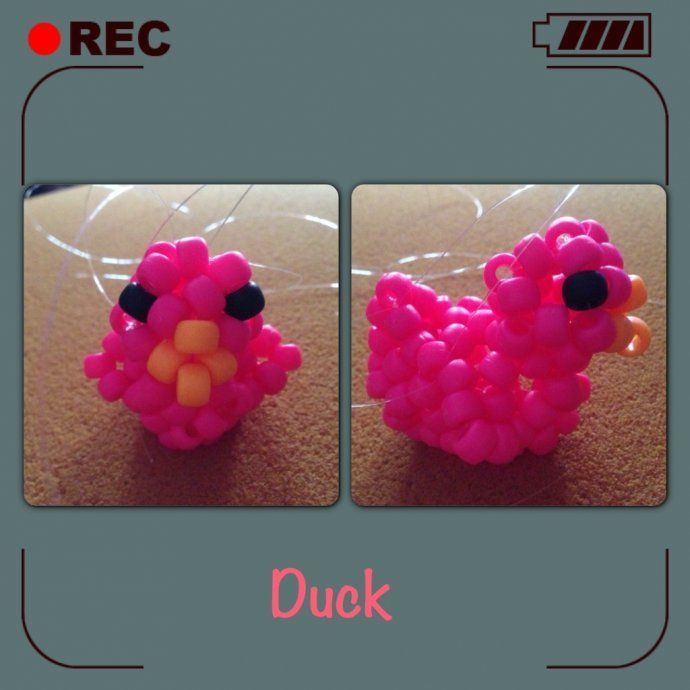 two pictures of a pink bird made out of plastic beads with black eyes and nose