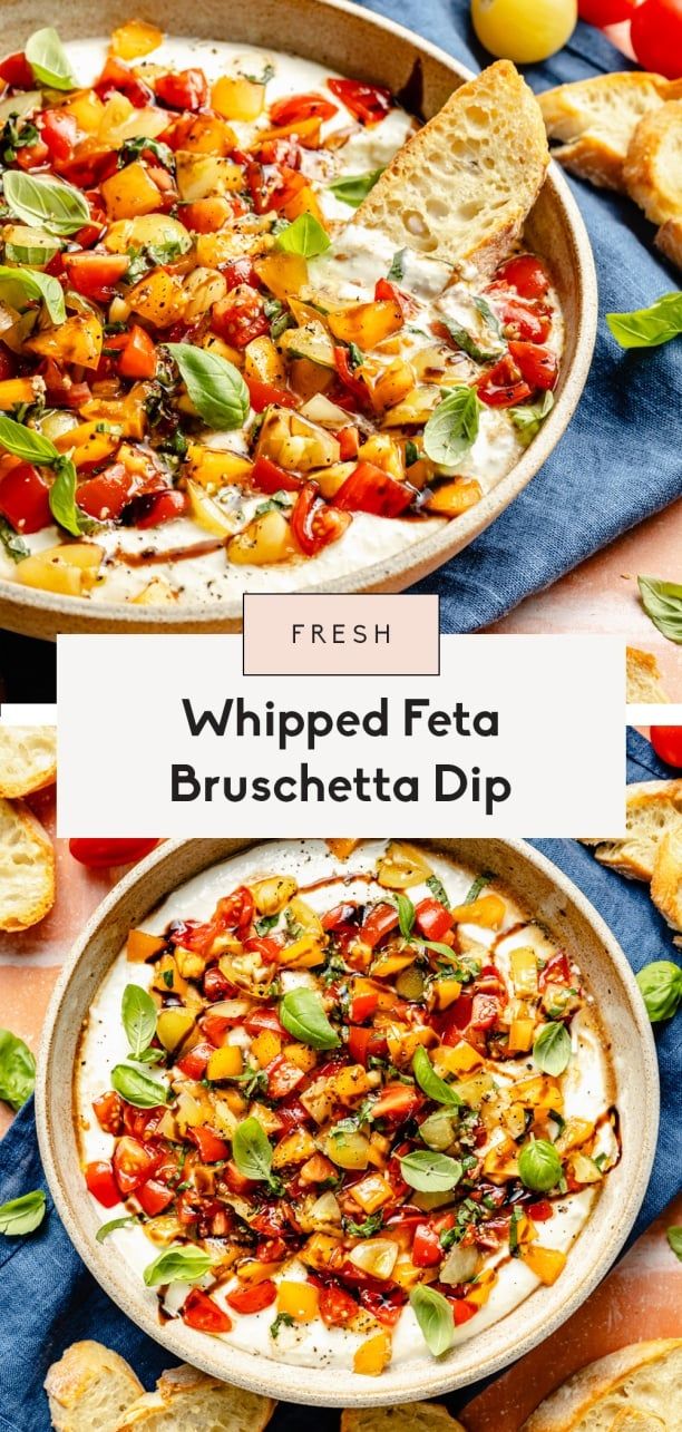 two plates with different types of food on them and the words, whipped feta brus